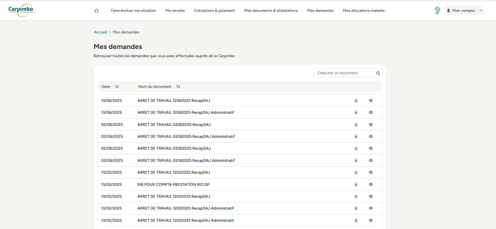 Image de la page Mes demandes qui regroupe tout ce que vous avez envoyé à la carpimko depuis votre espace personnel