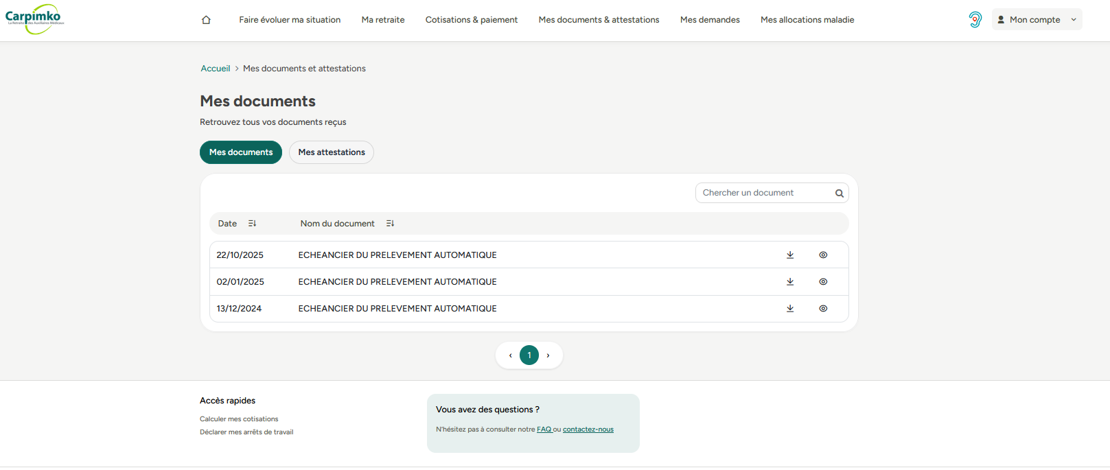 Image de la page Mes documents  et attestations qui regroupent tous les documents reçus et la possibilité de télécharger une attestation
