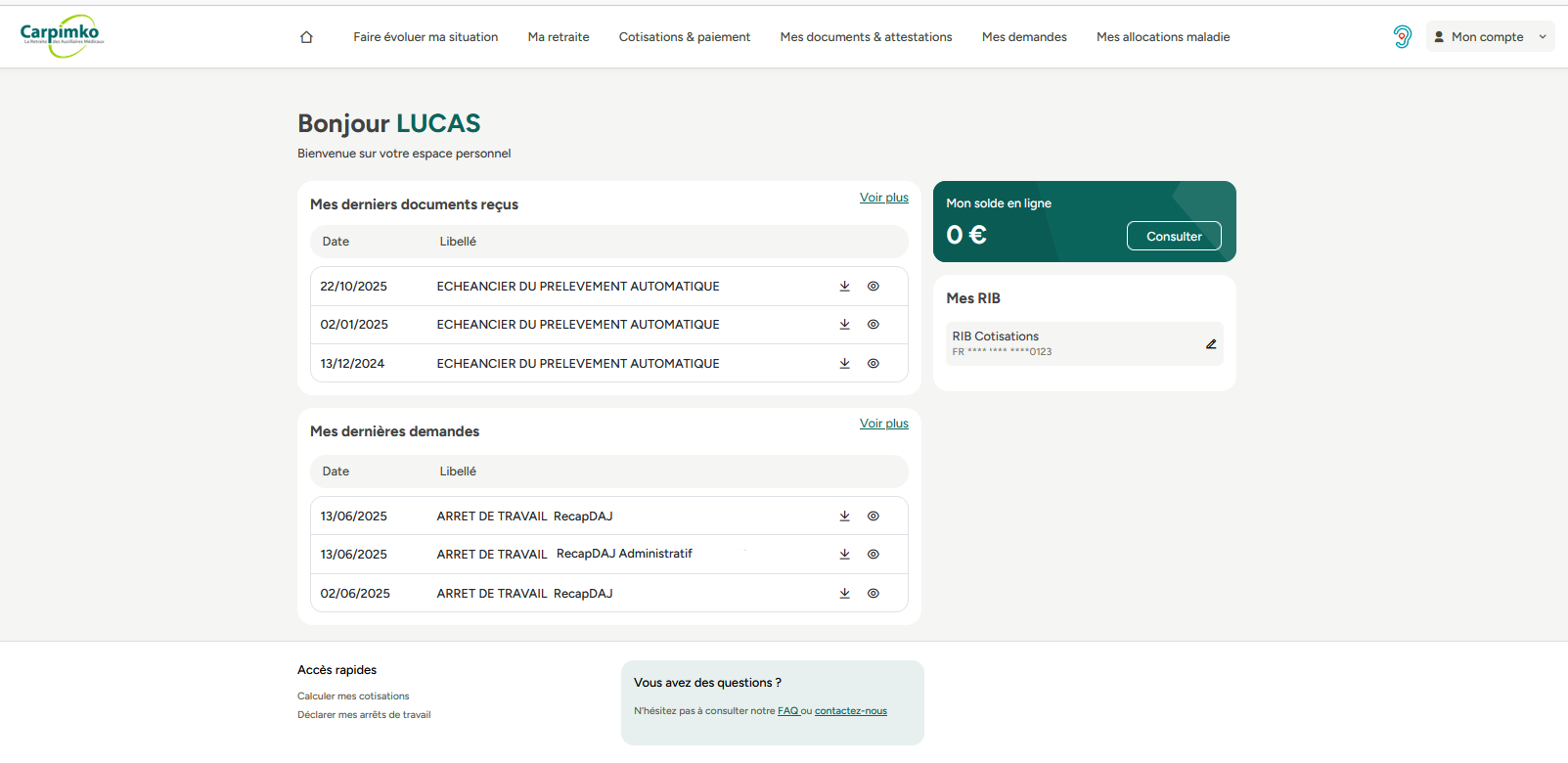 Image de l'accueil du nouvel espace personnel. En haut le menu, au milieu les derniers documents reçus, puis les demandes envoyées. A droite le solde en ligne et les RIB connus par la carpimko